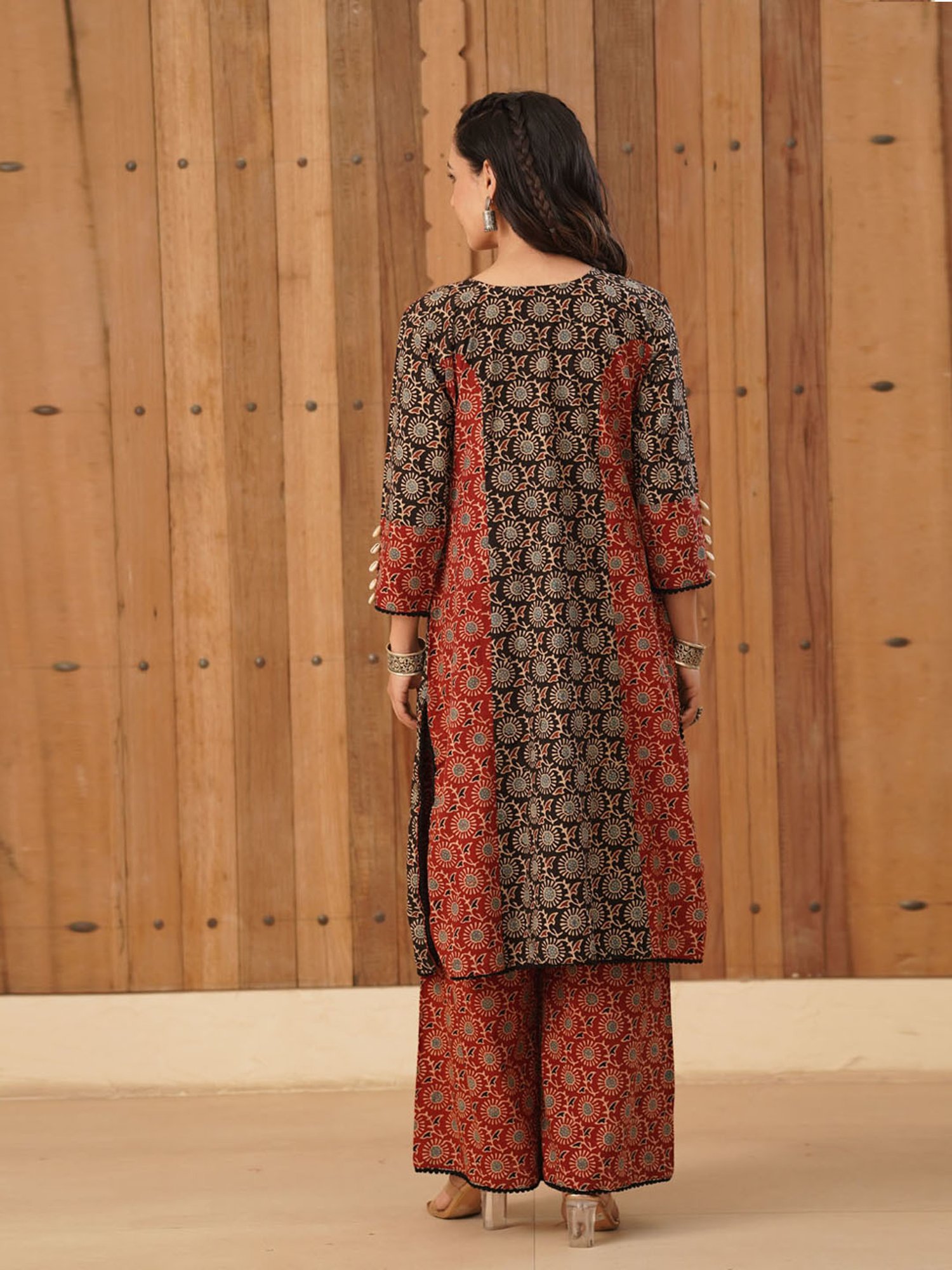 Love Chic Ajrakh Cotton Kurta with cowrie shells and crochet lace details
