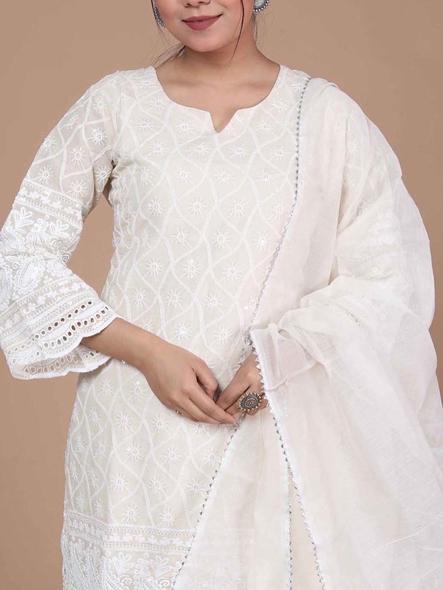 Miravan Beige Embroidered Kurta With Palazzo & Dupatta