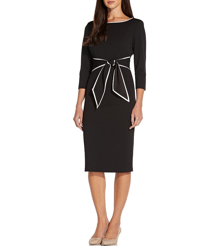 Adrianna Papell Contrast Trim Tie Waist Crepe Midi Dress