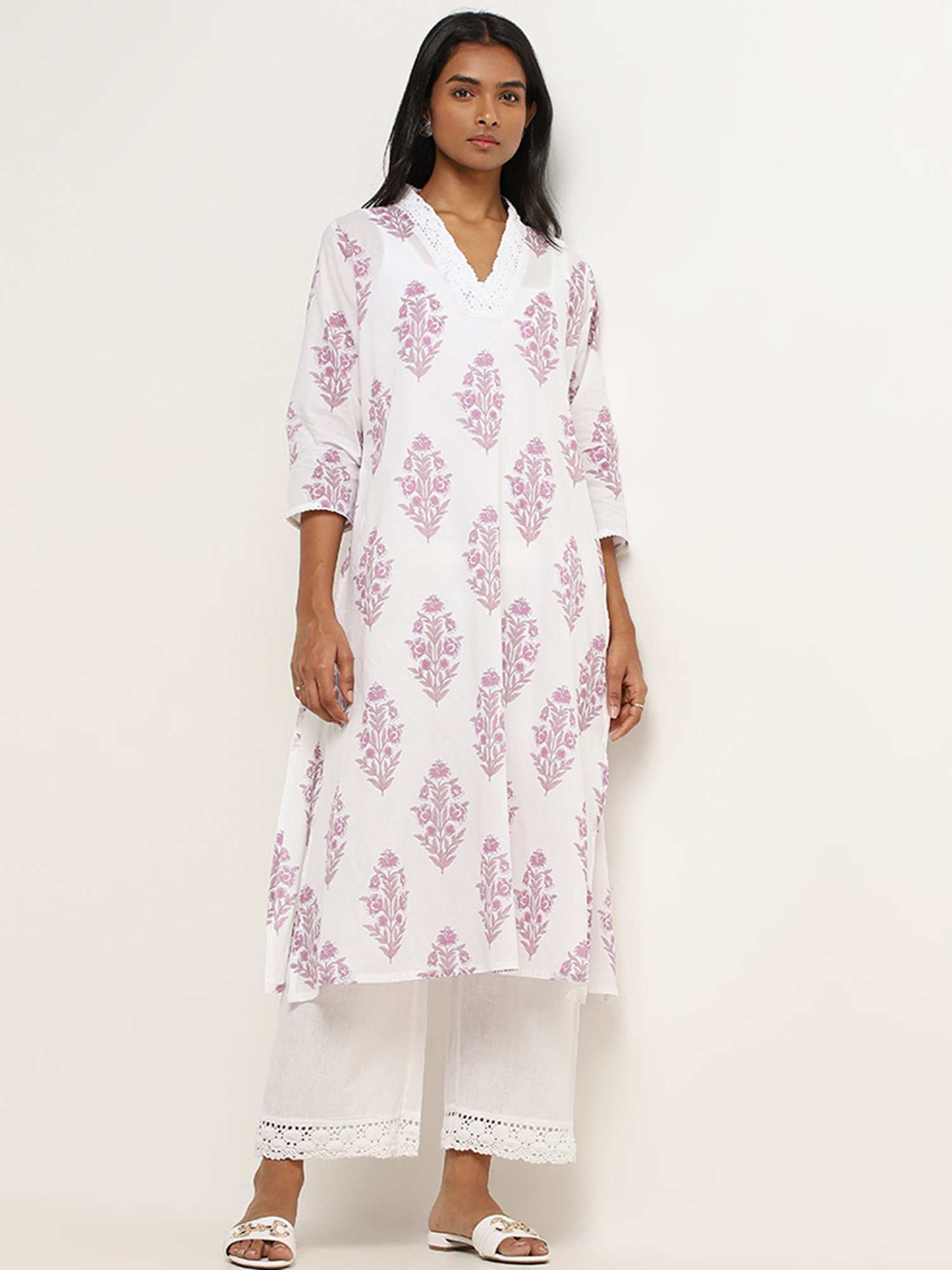 Utsa by Westside Lilac Floral Patterned A-Line Cotton Kurta