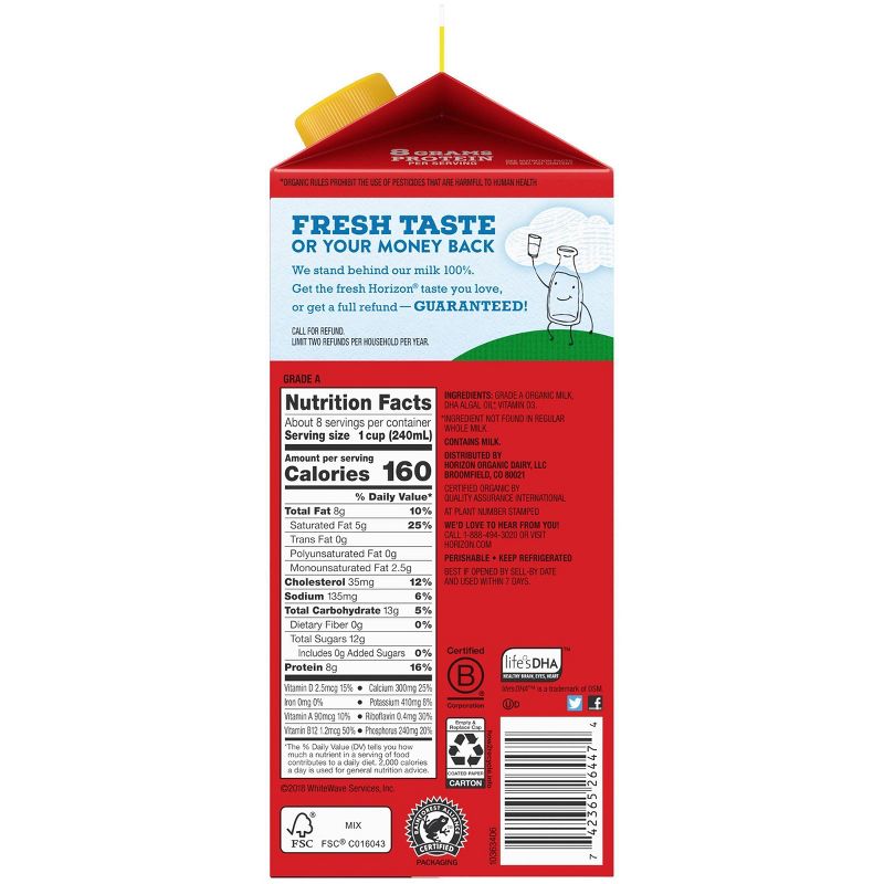 Horizon Organic Whole Milk with DHA Omega-3 - 0.5gal