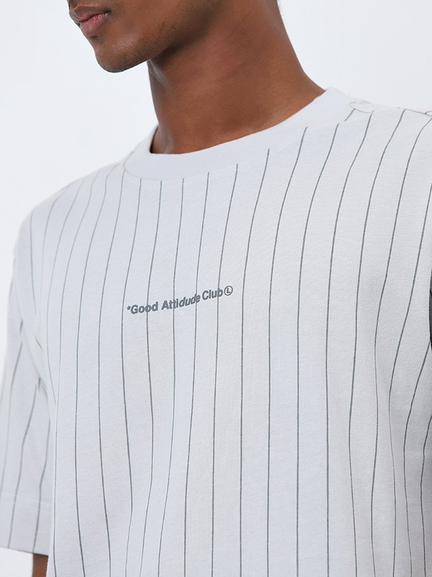 Studiofit by Westside Light Grey Striped Relaxed-Fit Cotton T-Shirt