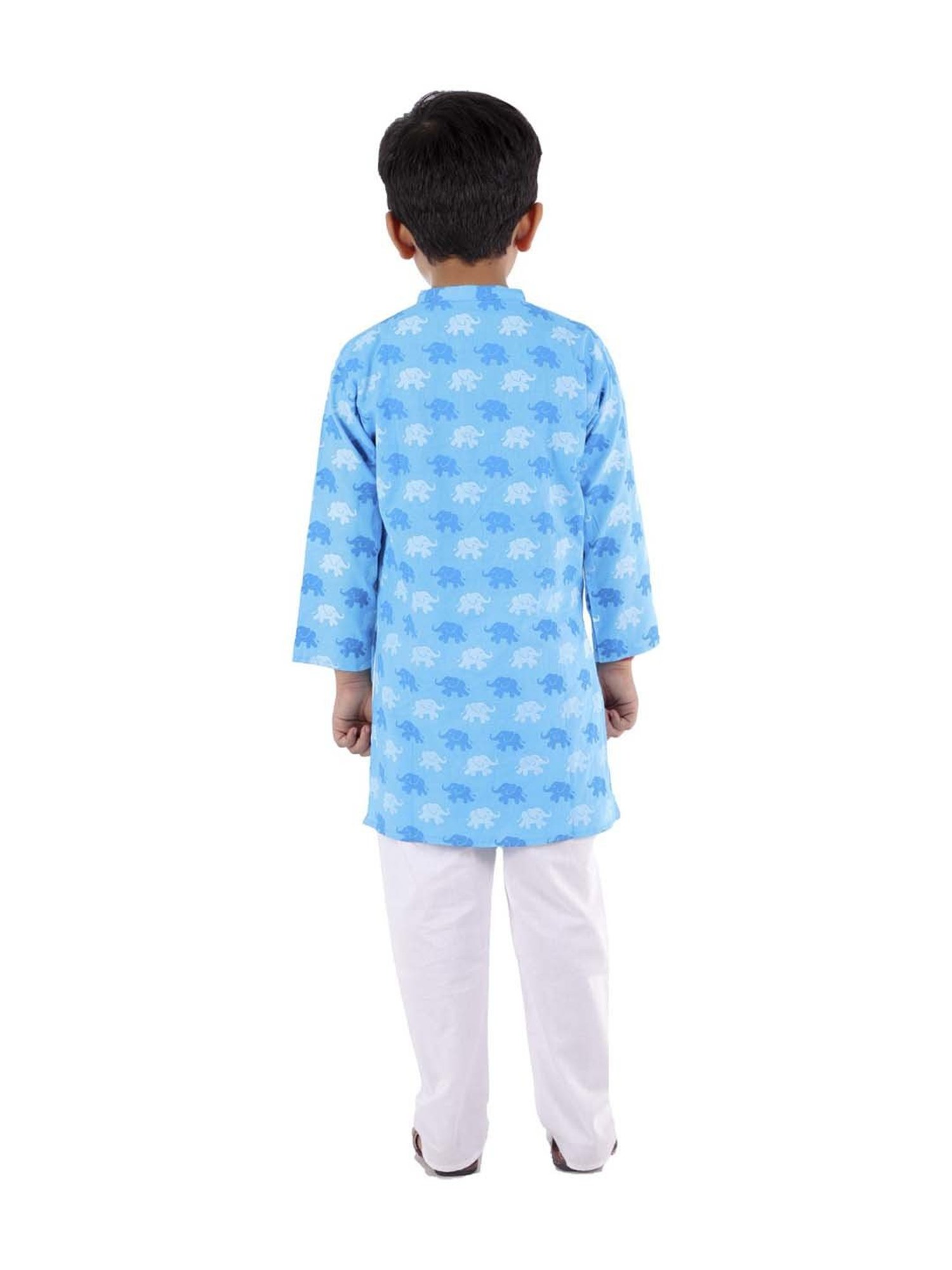 Ahhaaaa Kids Blue & White Cotton Printed Kurta Set