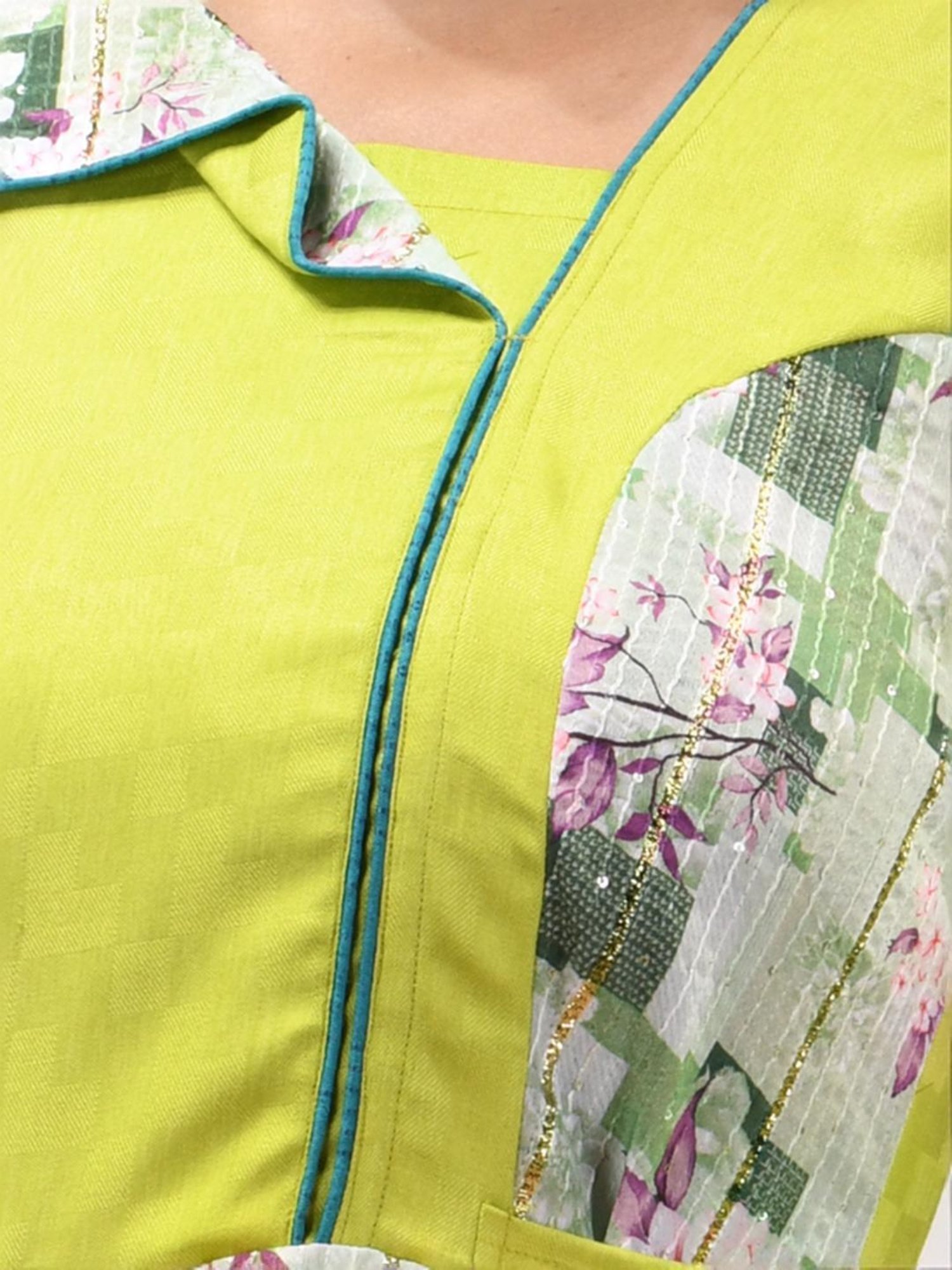 Charukriti Lime Green Floral Print A-Line Dress