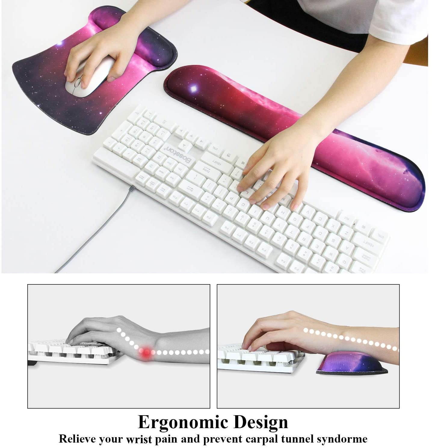 Meffort Inc Mouse Pad Wrist Support & Gaming Keyboard Wrist Pad Combo Set &ndash; Durable Ergonomic Anti Slip Non-Slip Square Base Rest Support - Galaxy Stars