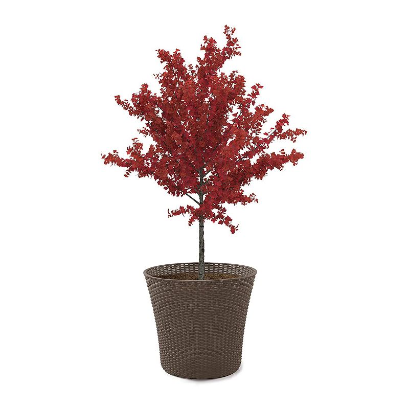 Keter 15 Gallon Indoor & Outdoor Round Conic Resin Wicker Flower Planter Pot with Drainage for Garden and House, Whiskey Brown (2 Pack)