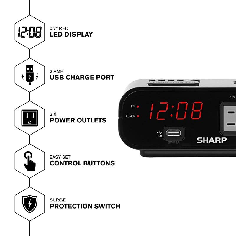Digital Alarm Clock with 2X Power Outlets with Surge Protect and Rapid Charge USB Port Grey Outlets
