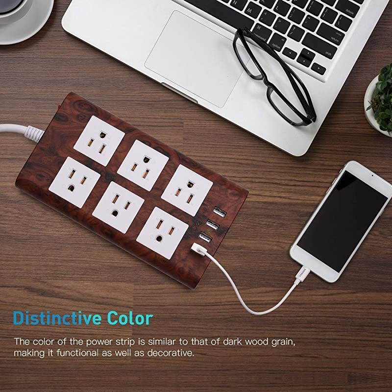 98ft 15A Surge Protector Power Strip with USB 14AWG Extension Cord 6 Outlet Flat Plug FireProof with Cable Tie as Bonus for iPhone iPad Computer Home Office Destop Wood Grain