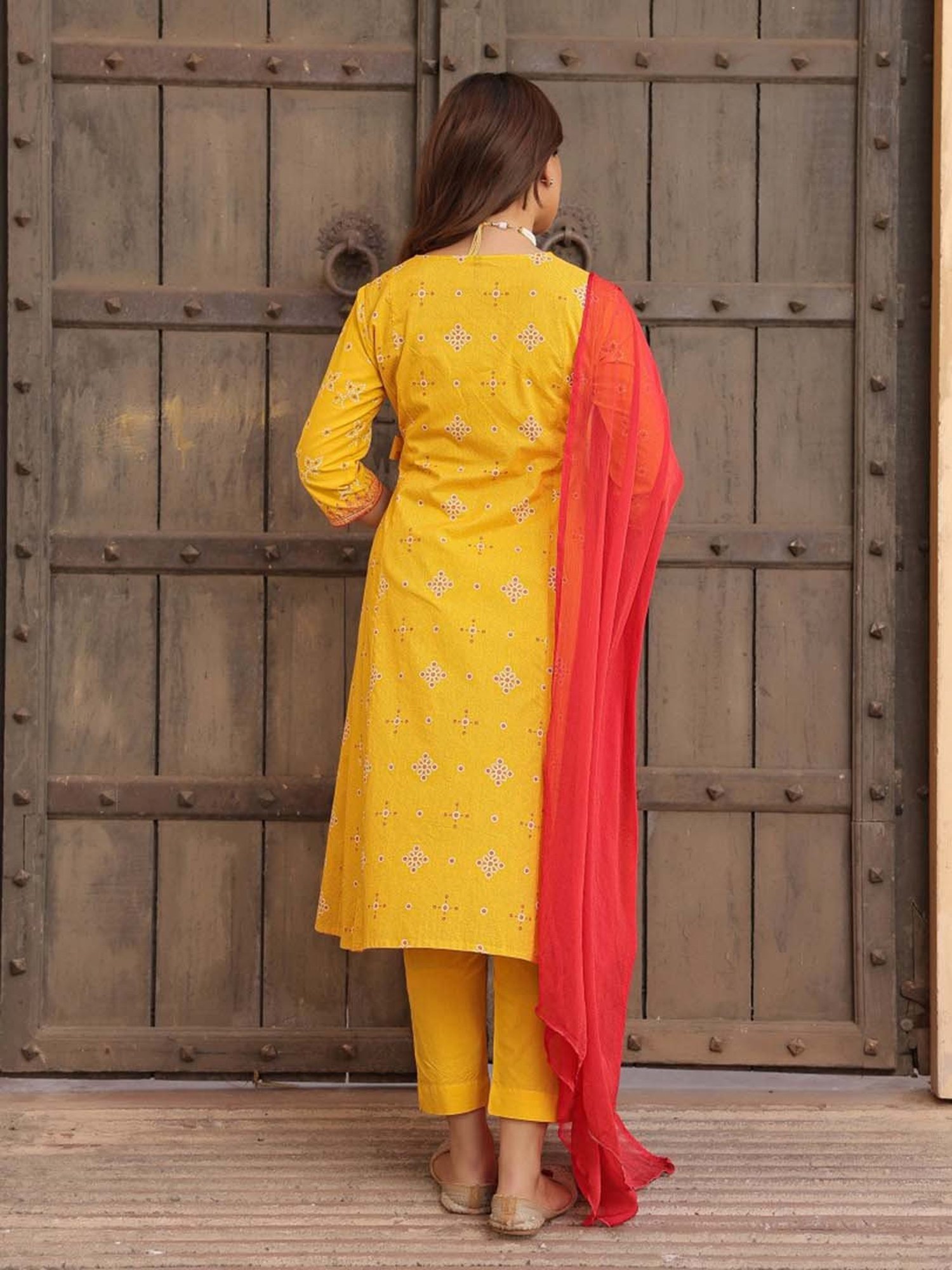 Juniper Mustard Bandhani Print Angrakha Cotton Kurta Pants & Dupatta Set With Mirror Work