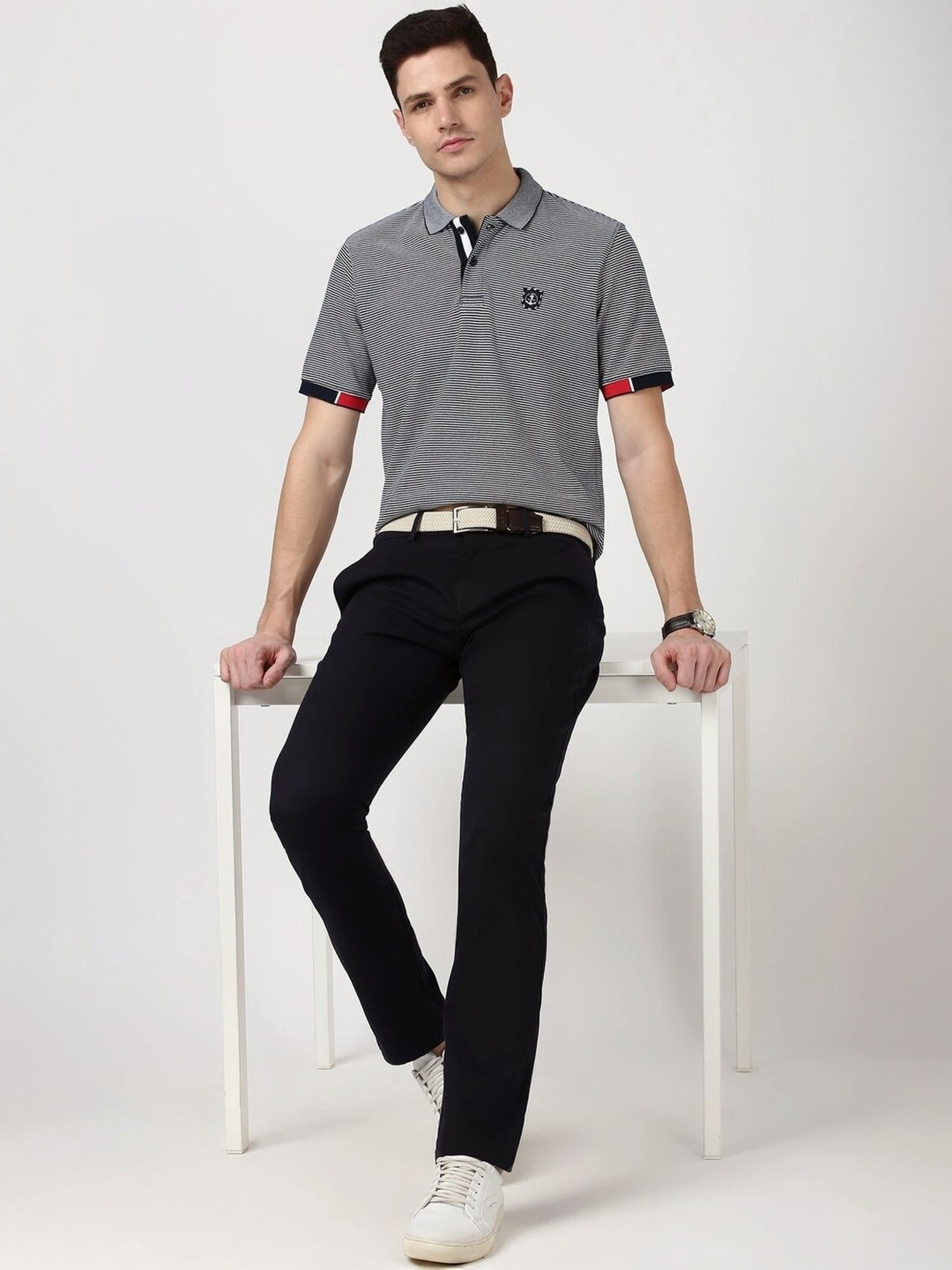 Peter England White Cotton Regular Fit Striped T-Shirt