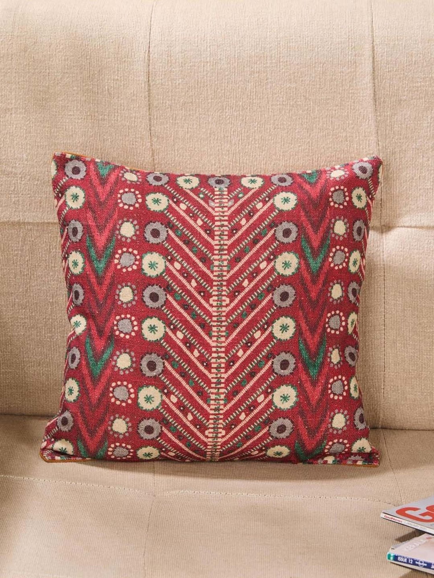 Fabindia Home Red Cotton Printed Fergana Cushion Cover