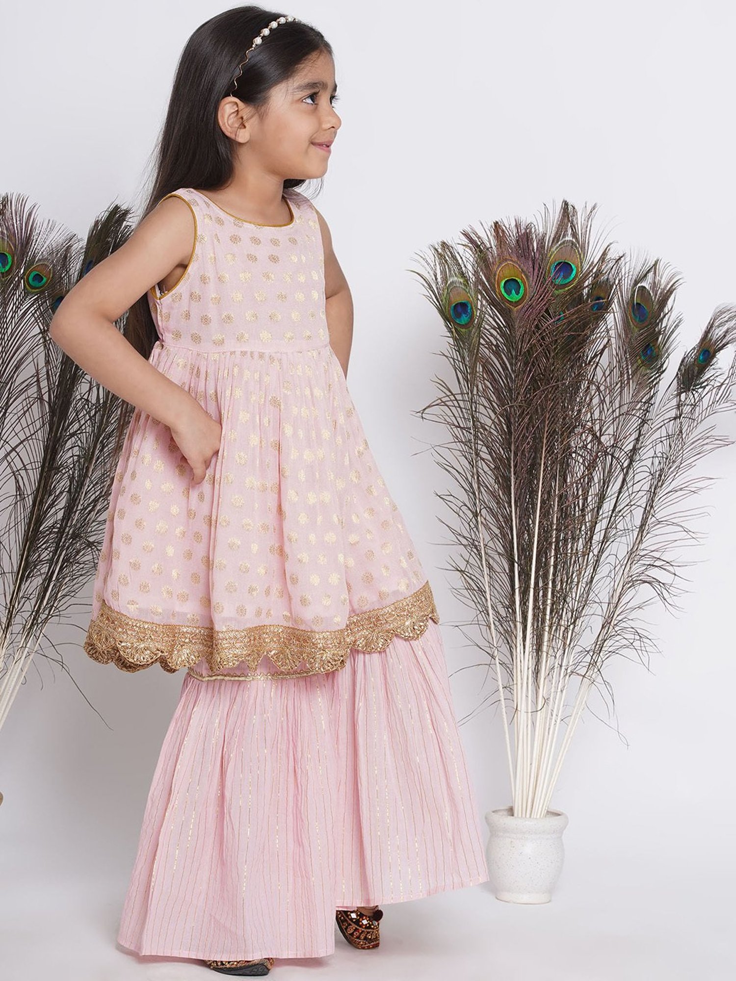 Little Bansi Kids Light Pink Floral Print Kurta, Sharara, with Dupatta