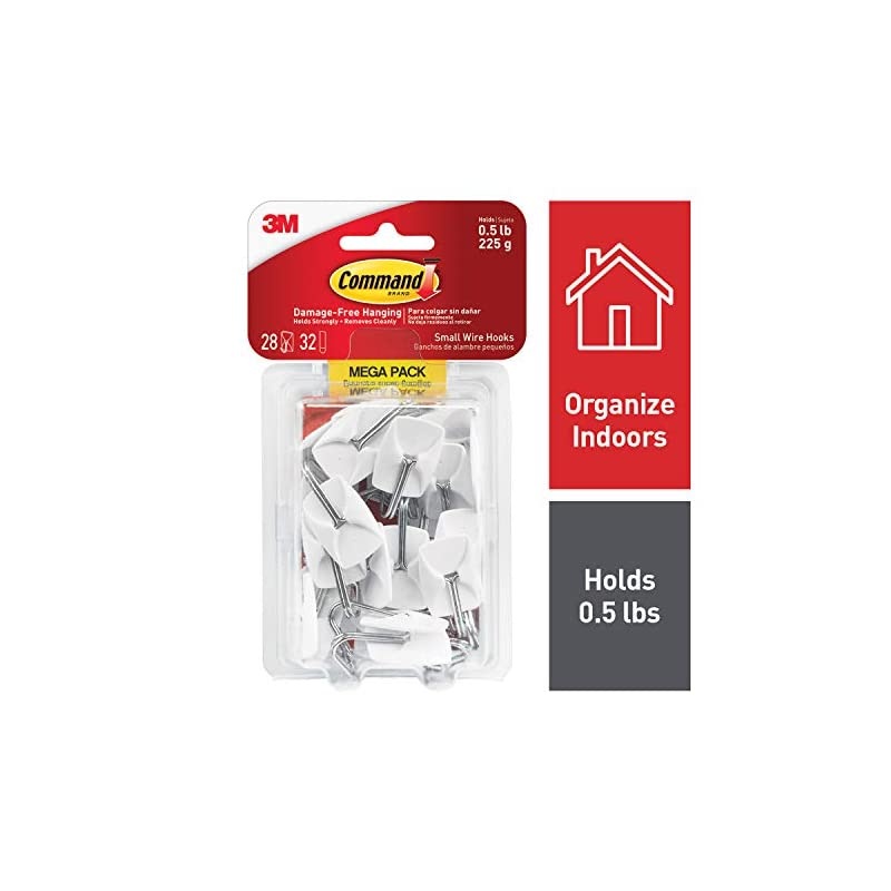 Small Wire Hooks Mega Pack, White, 28-Hooks, 32-Strips, Organize Damage-Free