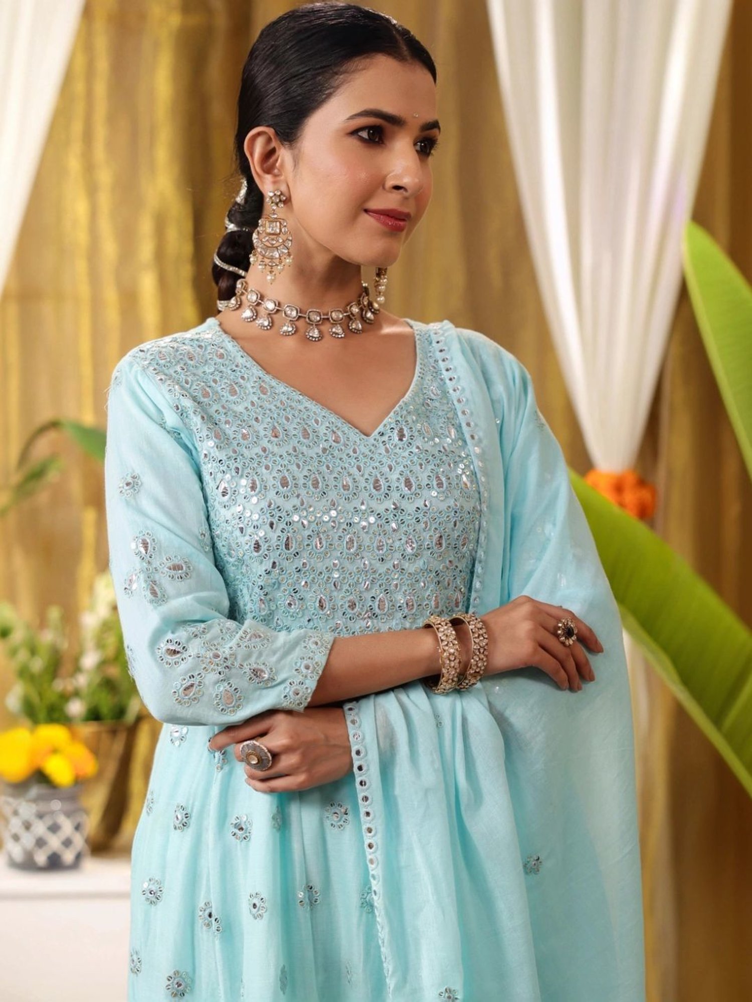 SCAKHI Aqua Mulmul Mirror & Sequin Embroidered Anarkali and Pant With Dupatta