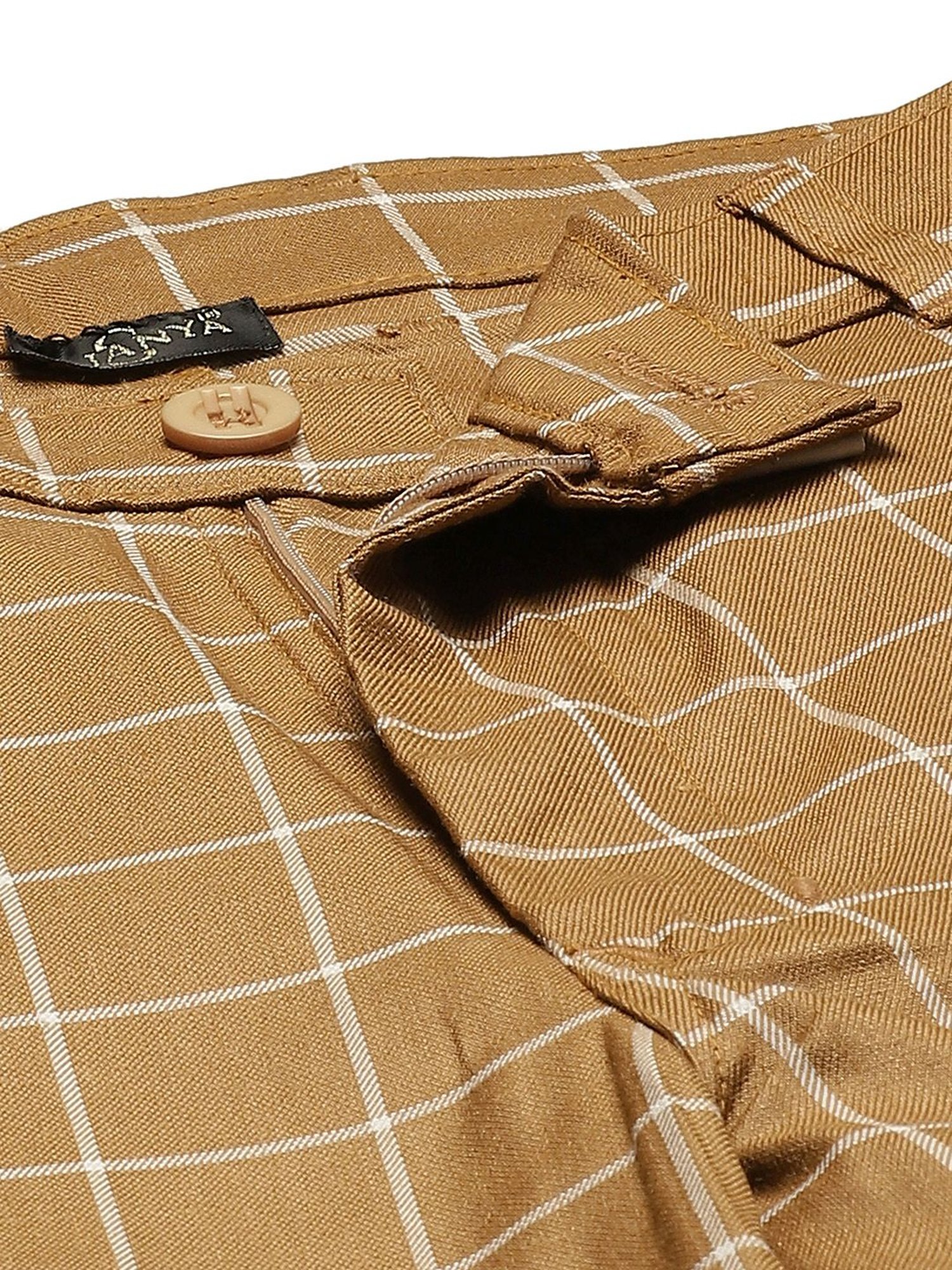 Sojanya Beige Cotton Regular Slim Fit Checks Flat Front Trousers
