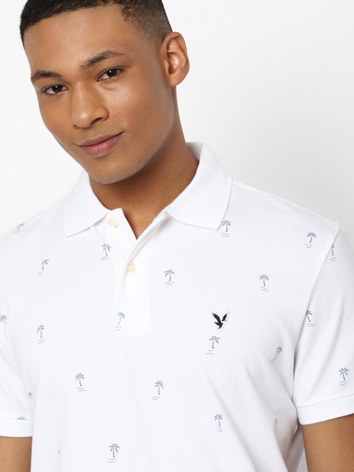 American Eagle White Cotton Skinny Fit Printed Polo T-Shirts