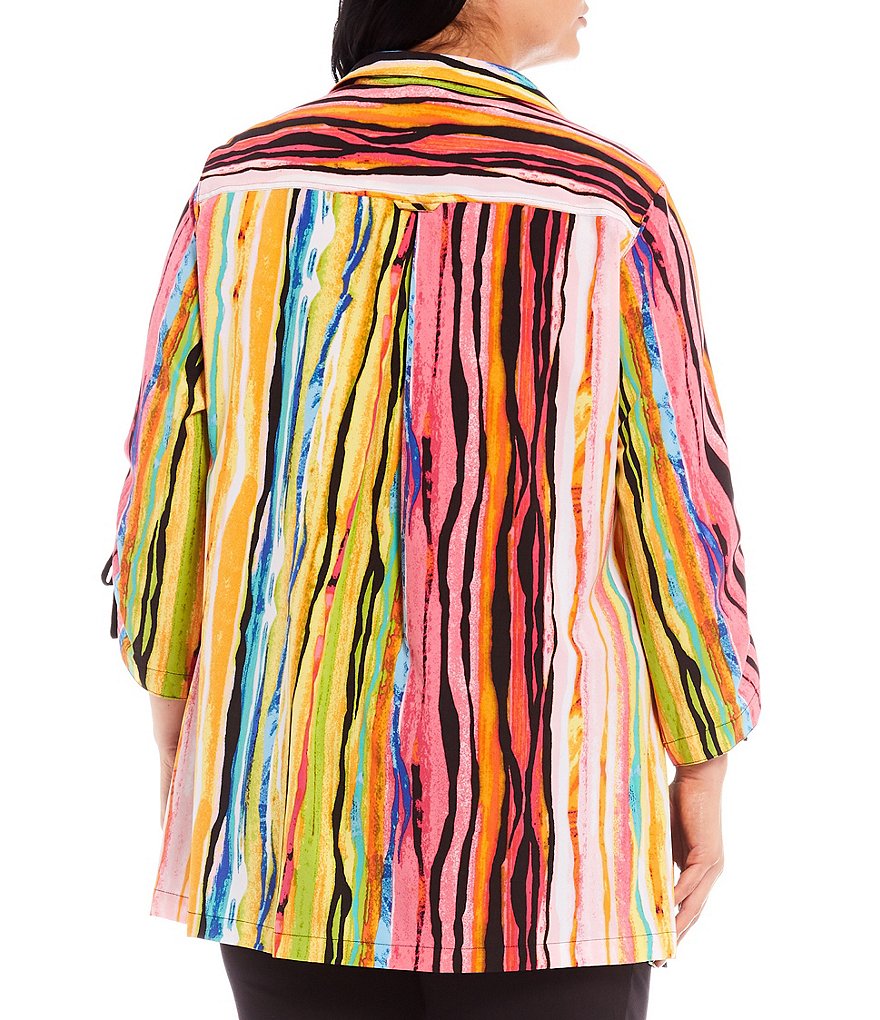 John Mark Plus Size Multi Stripe Wire Point Collar Neck Side Seam Pocket Button-Front 3/4 Sleeve Tunic