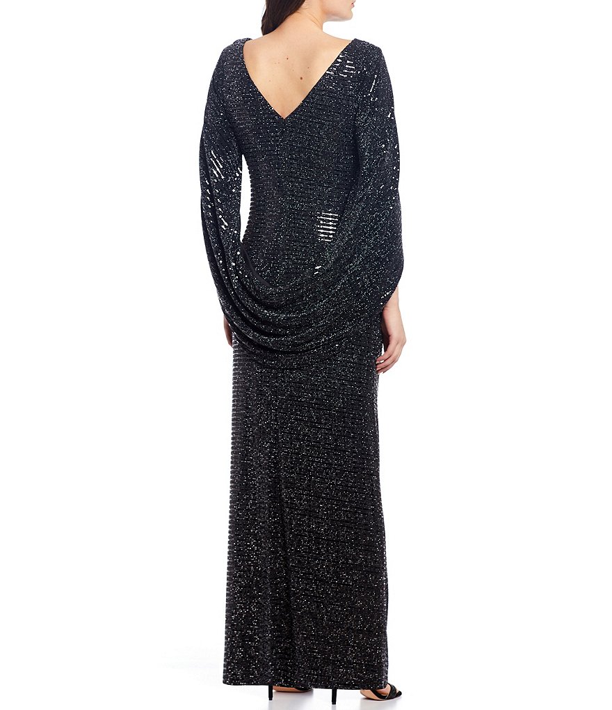 R & M Richards Drape Back Metallic Allover Sequin Gown