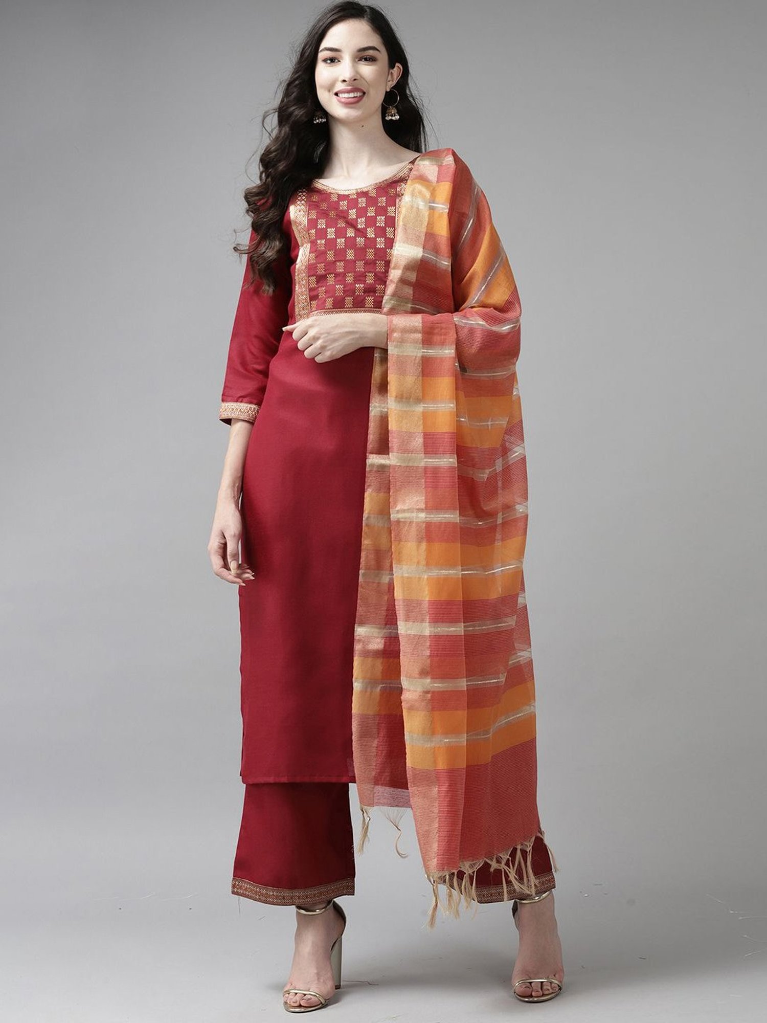 Indo Era Red & Yellow Striped Dupatta