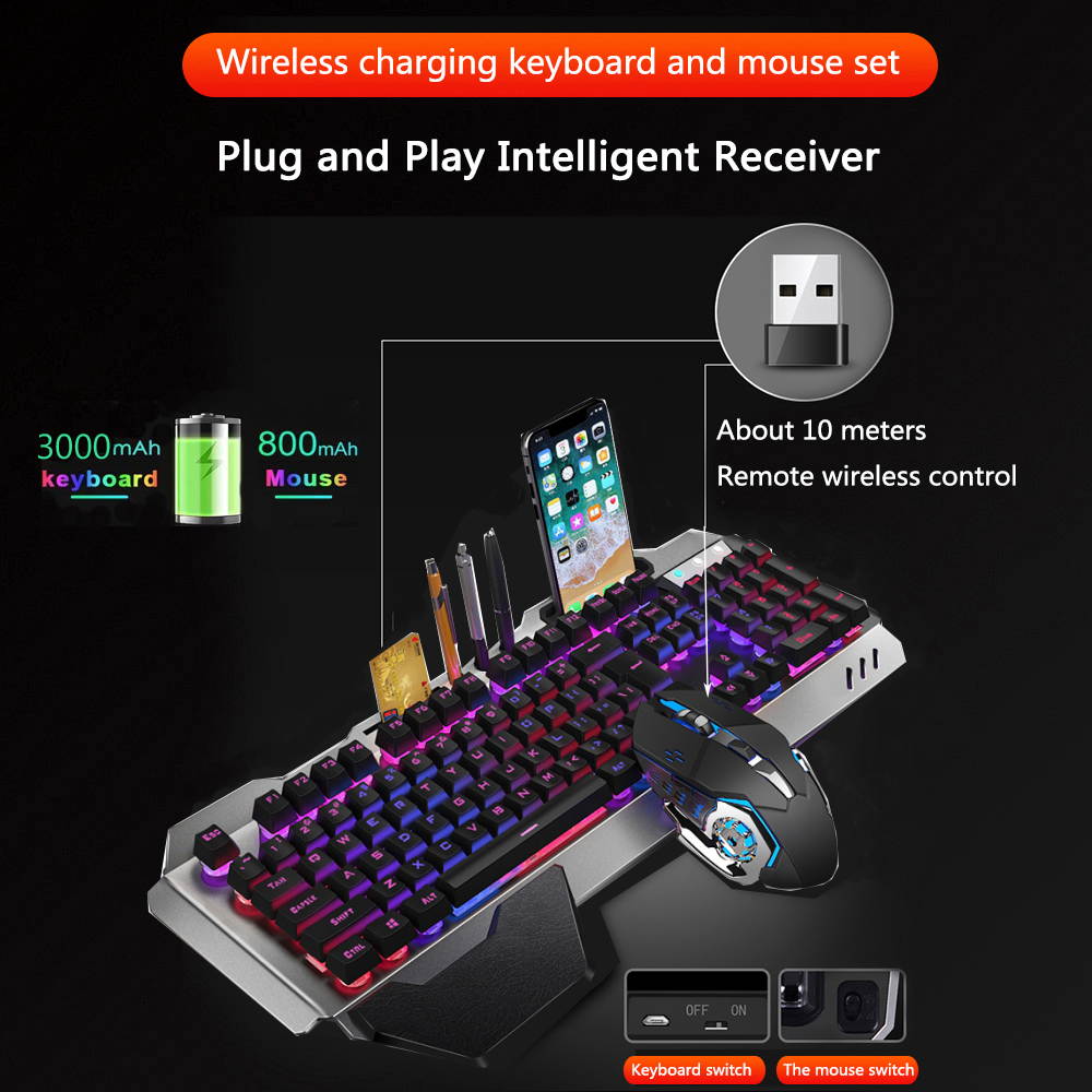 Wireless Gaming Keyboard and Mouse with Rainbow Backlit Rechargeable Metal Panel Mechanical Feel Keyboard and Gaming Mouse for Gamer Laptop PC,Black