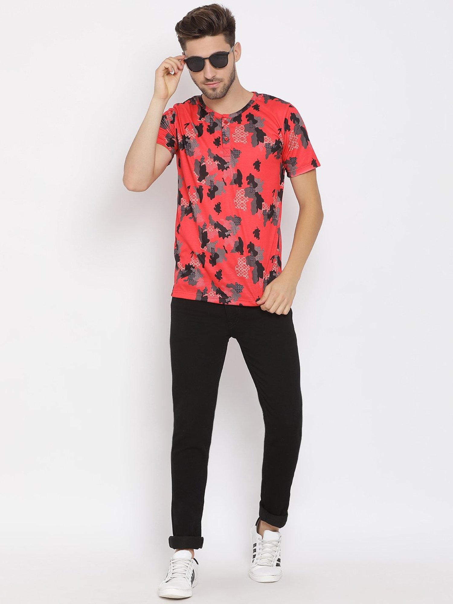 Hangup Plus Red Regular Fit Printed Henley T-Shirt