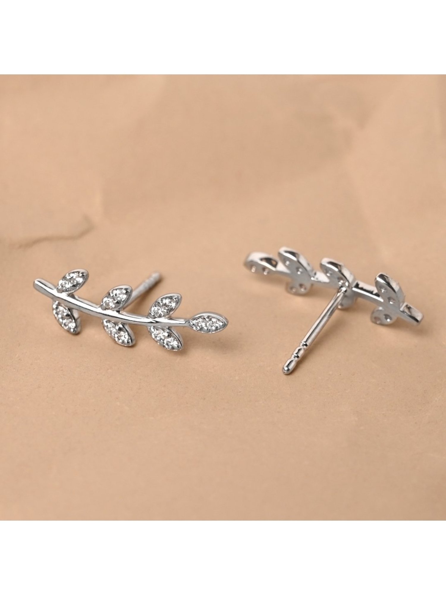 Clara 92.5 Sterling Silver Rhodium-Plated Swiss Zirconia Leaf Ear Cuff Earrings for Women & Girls