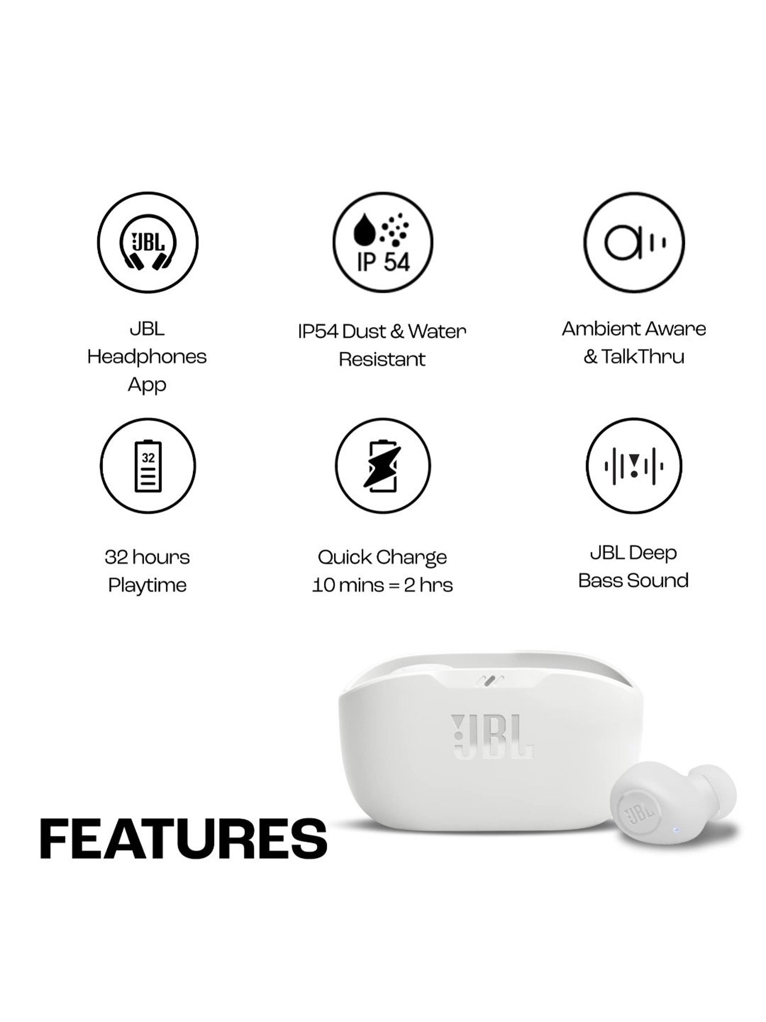 JBL Wave Buds in-Ear BT Earbuds with 32H Battery & Quick Charge (White, True Wireless)