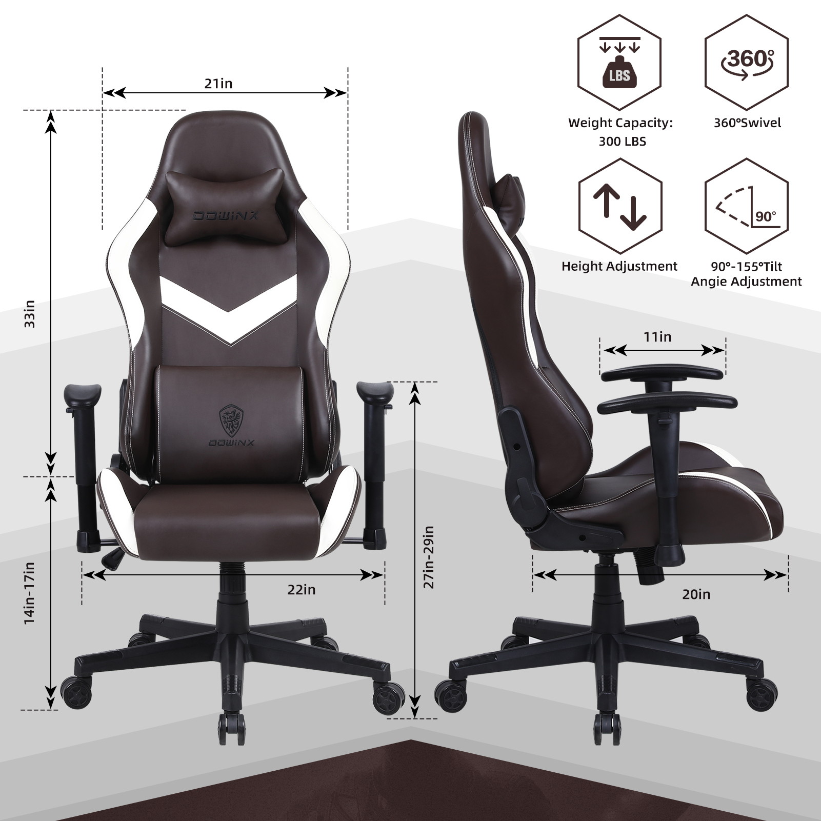 Dowinx Gaming Chair High Back Retro Style with Headrest and Massage Lumbar Support Office Chair with PU Leather Adjustable Swivel Ergonomic Computer Chair (Grey)