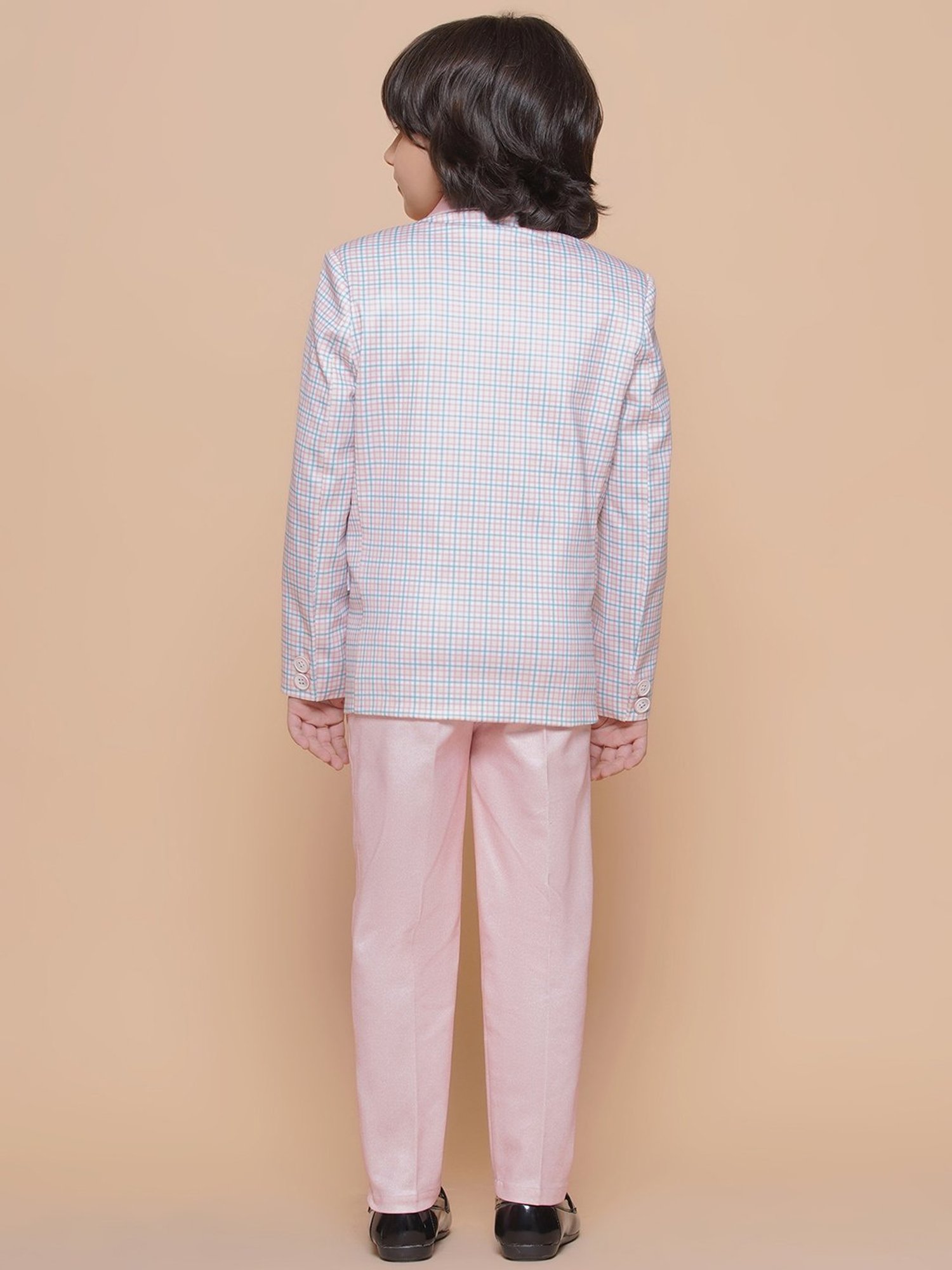 AJ Dezines Kids Peach & Blue Checks Full Sleeves Shirt, Pants, Coat, Waistcoat with Tie