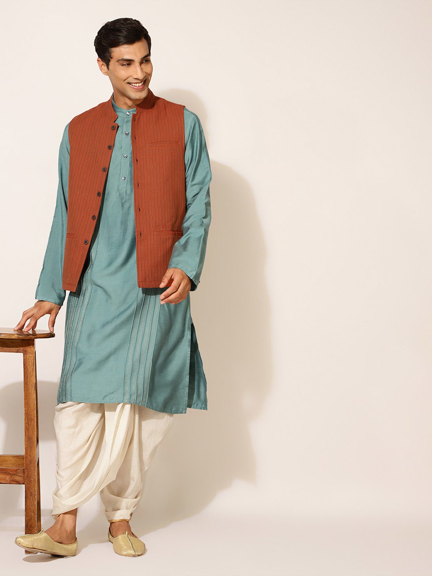 Fabindia Orange Cotton Regular Fit Striped Nehru Jacket