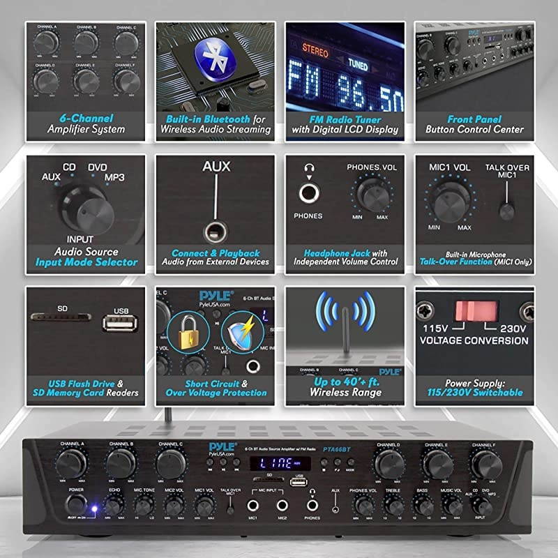 Wireless Home Audio Amplifier System Bluetooth Compatible Sound Stereo Receiver Amp 6 Channel 600Watt Power Digital LCD Headphone Jack 14 Microphone IN USB SD AUX RCA FM Radio  PTA66BT