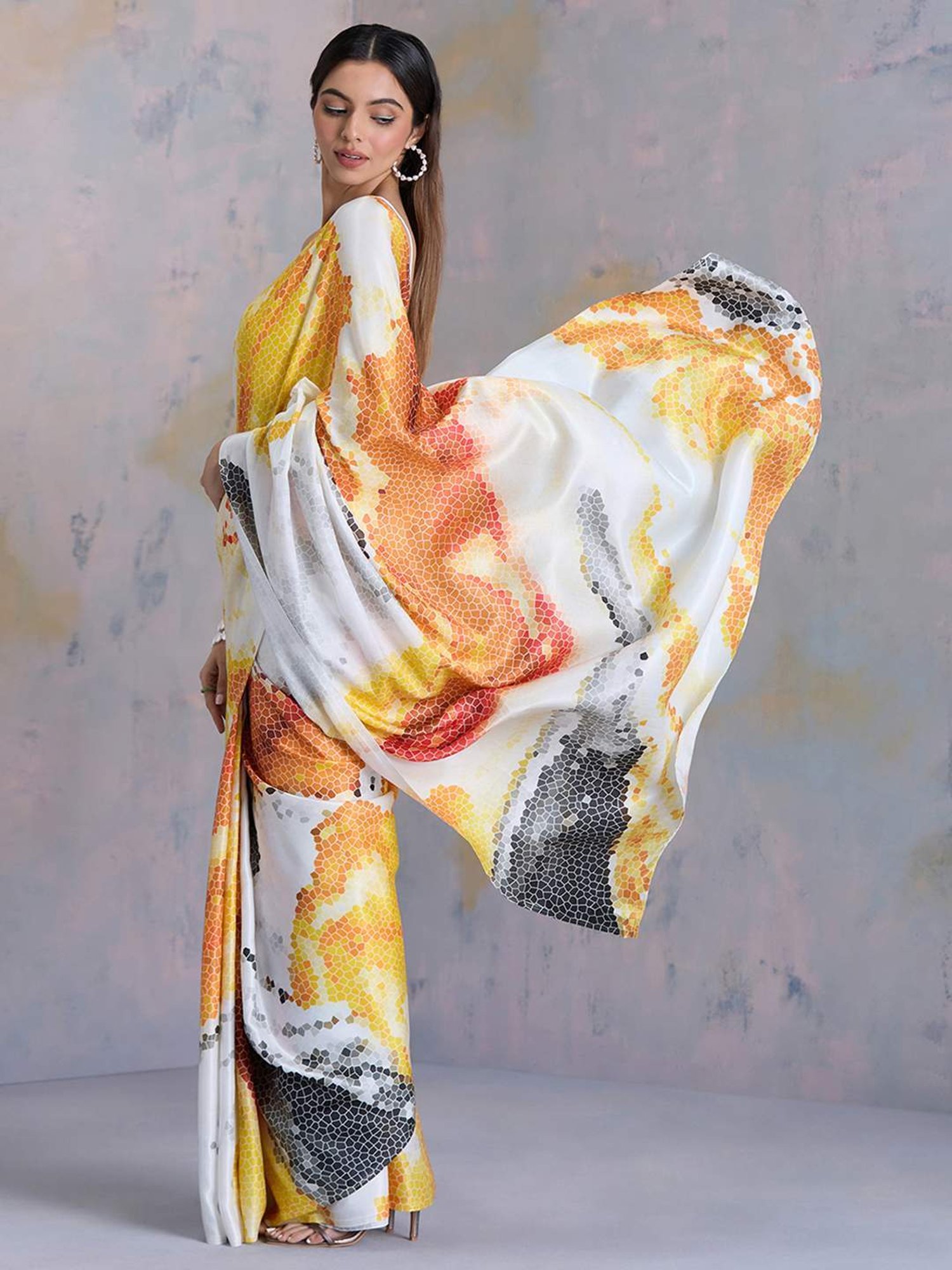 navyasa by liva Orange Printed Saree With Unstitched Blouse