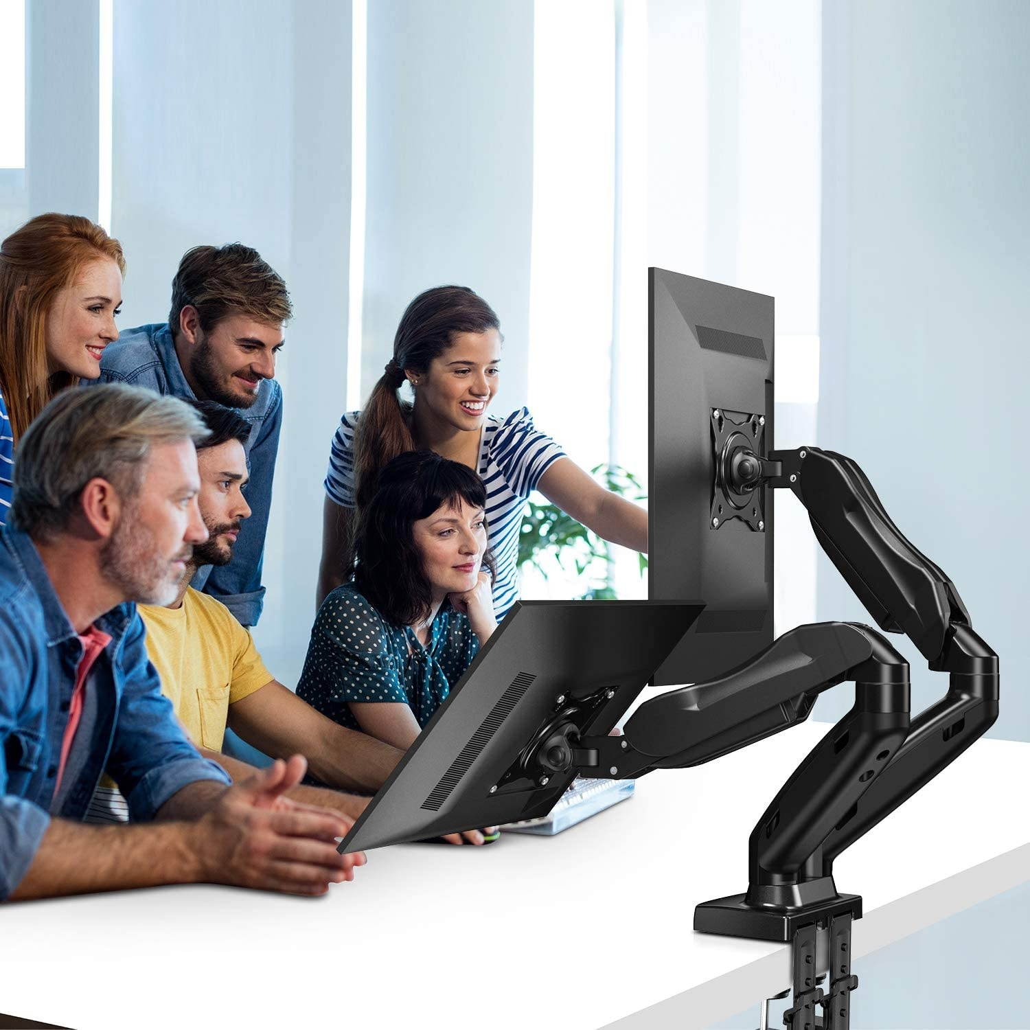 Dual Monitor Stand - Adjustable Gas Spring Monitor Desk Mount Swivel VESA Bracket with C Clamp, Grommet Mounting Base for 17 to 27 Inch Computer Screens - Each Arm Holds 4.4 to 14.3lbs