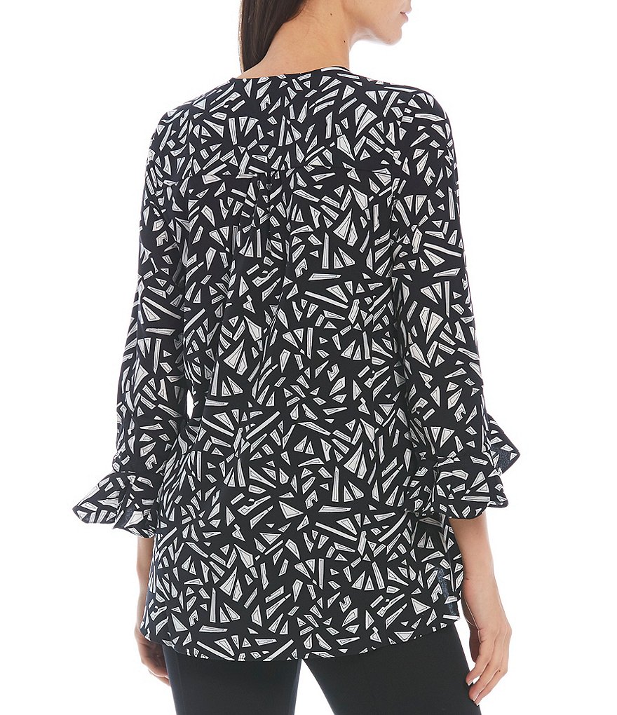 Calessa Petite Size 3/4 Ruffle Cuff Sleeve Surplice V-Neck Cross Over Hem Geo Print Tunic