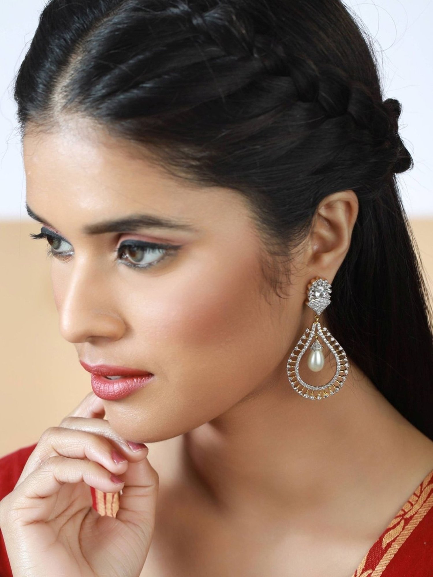 Aatmana White Gold-Plated American Diamond Tear Dangler Earrings for Women