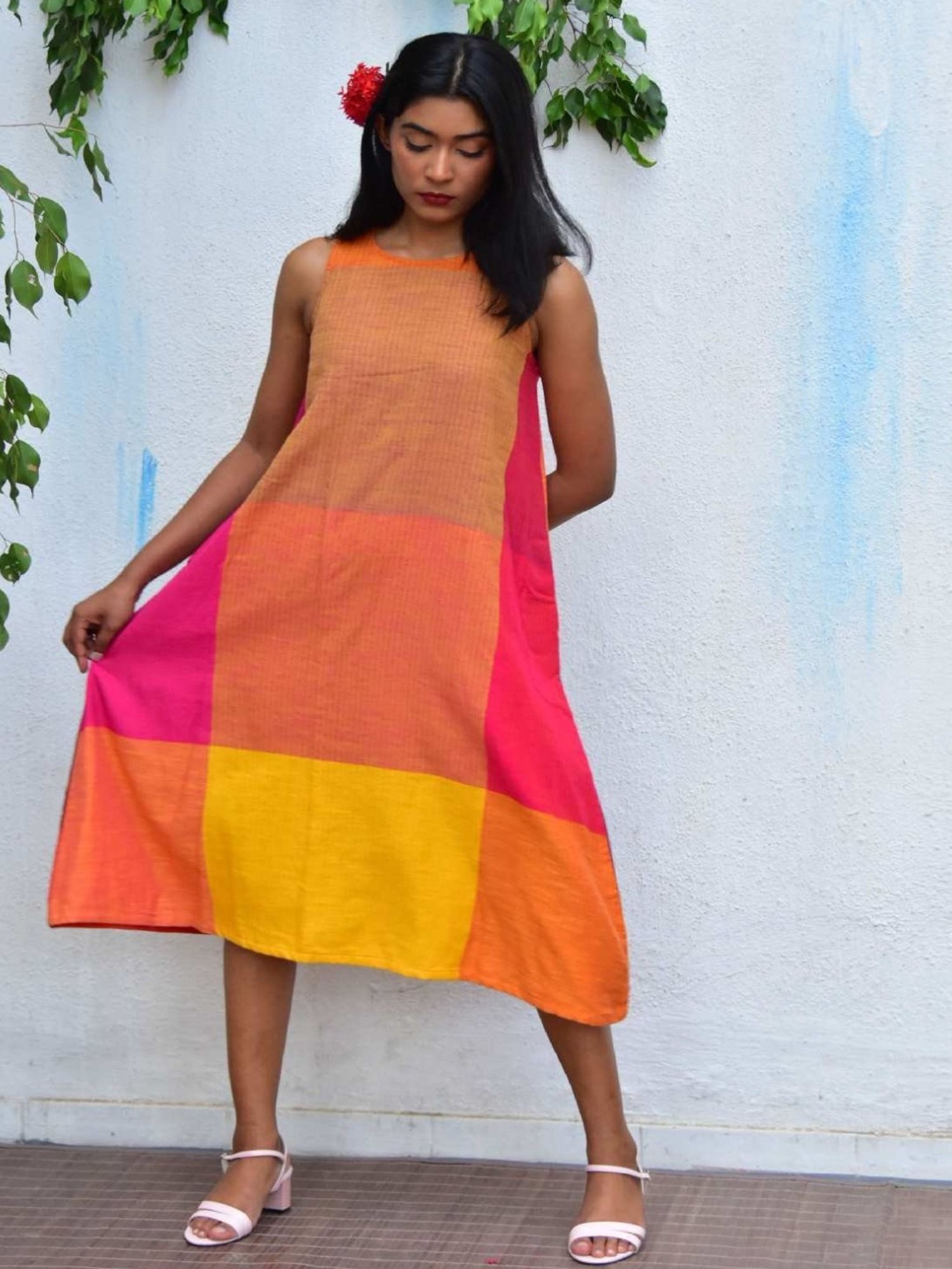 Chidiyaa Multi Rainbow Cafe Summer Skies Handwoven Cotton Dress