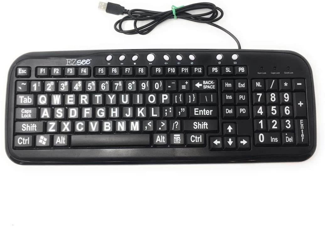 New EZsee Large Print Wired USB Computer Keyboard with White Letter on Black Keys
