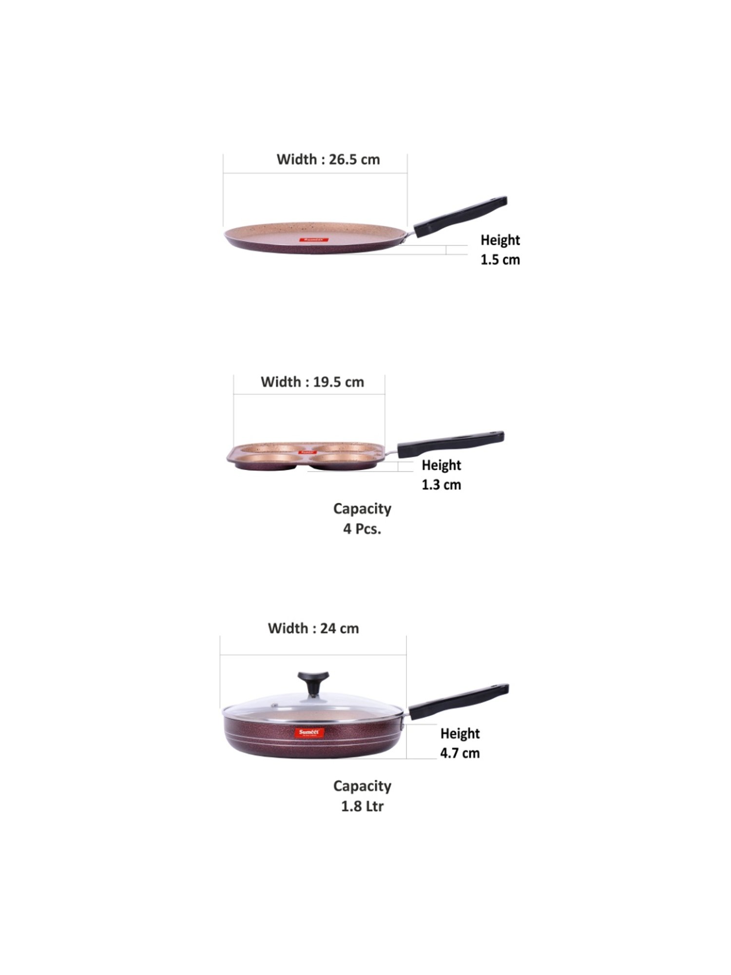 Sumeet Nonstick Granite 3pc Cookware Set (Mini Multi Snack Maker,Dosa Tawa,Fry Pan With Glass Lid)