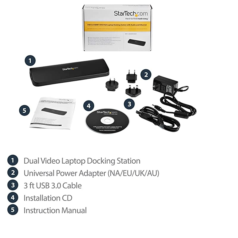 com USB 3.0 Docking Station with HDMI and DVI/VGA - Dual Monitor - Universal Laptop Dock - Mac and Windows Compatible (USB3SDOCKHDV) , Black