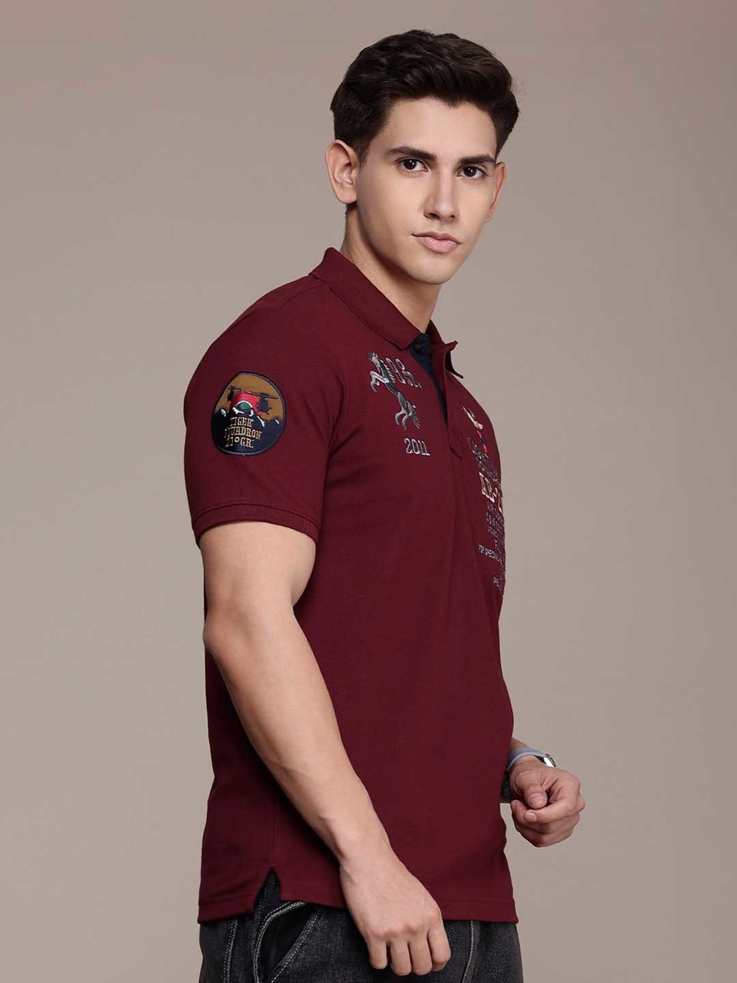 Burnt Umber Maroon Regular Fit Embroidered Polo T-Shirt