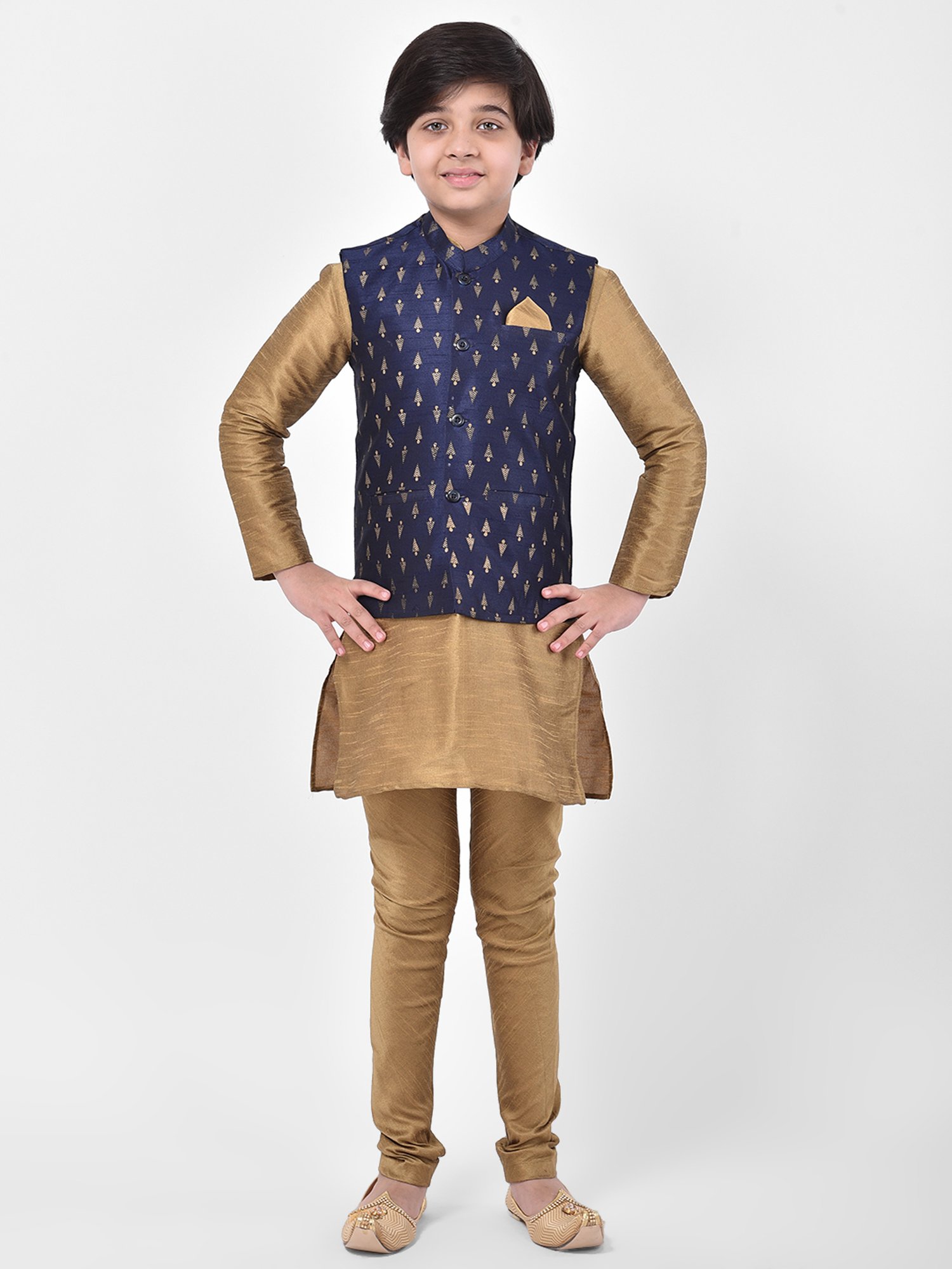 Deyann Kids Brown & Navy Self Design Full Sleeves Kurta, Churidar Pants with Nehru Jacket