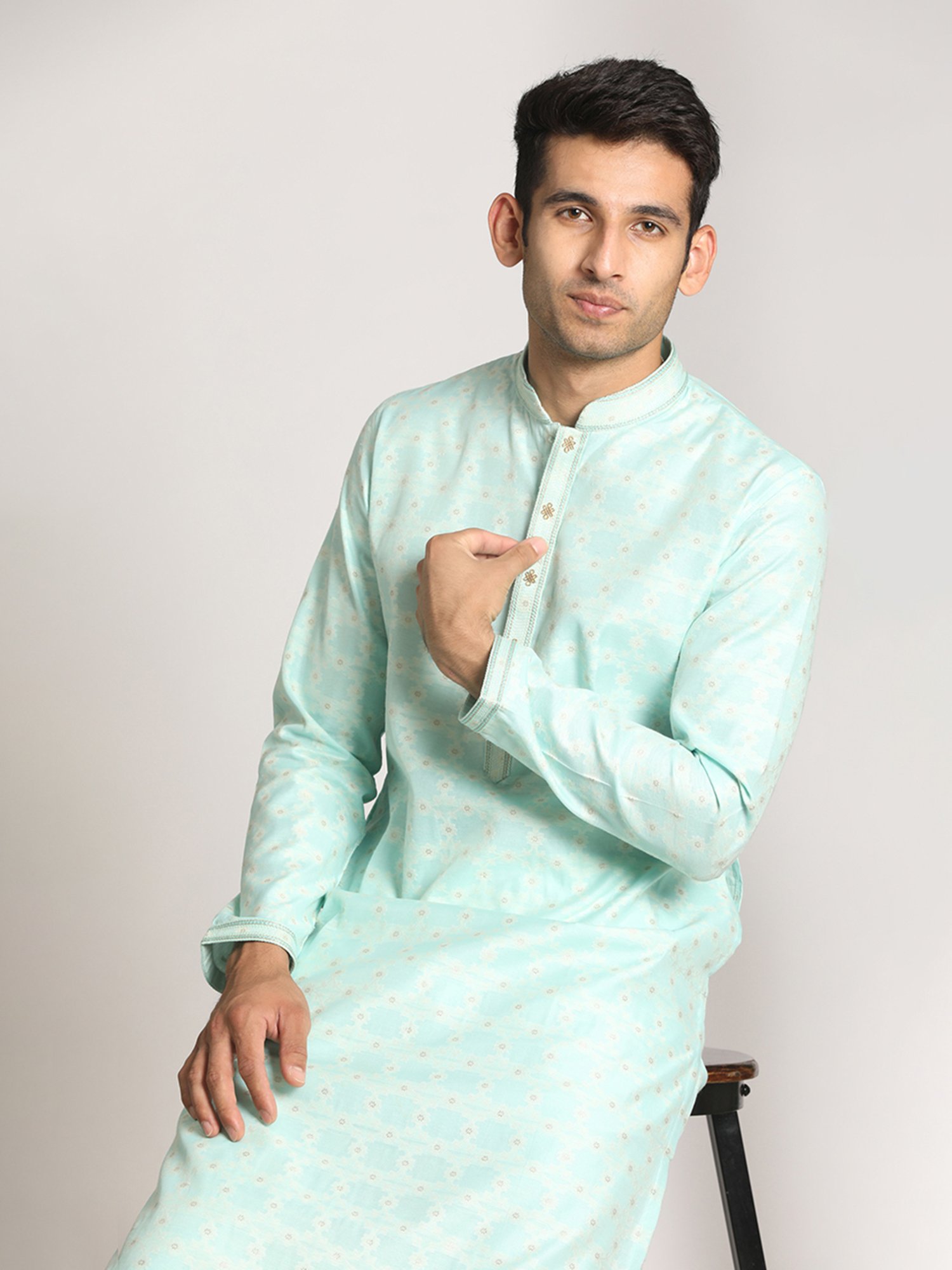 Manyavar Light Turquoise & Light Beige Kurta & Pyjamas Set