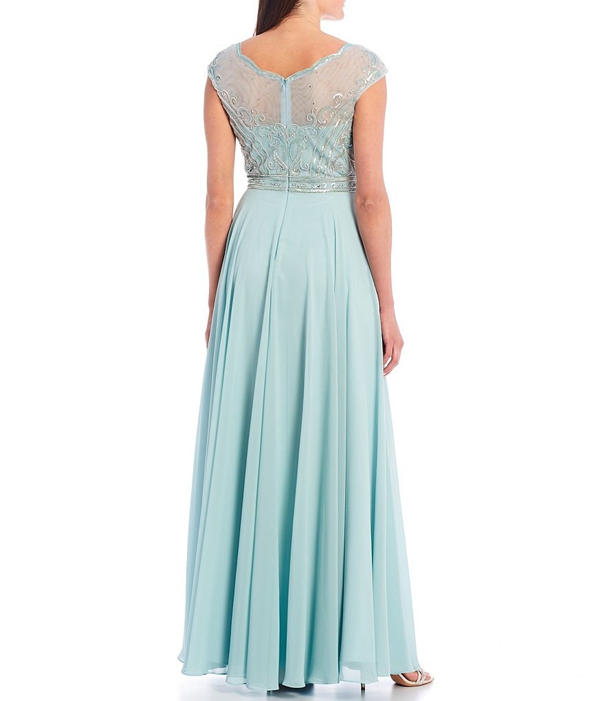 Xscape Beaded Bodice Double V-Neckline Chiffon Ball Gown