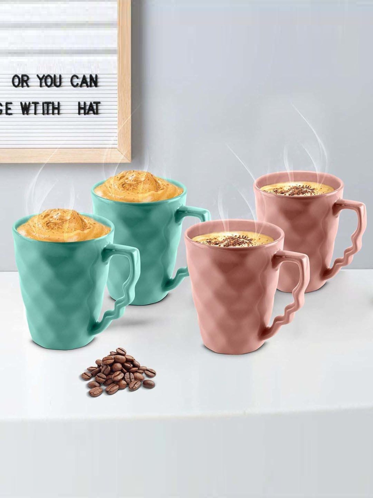 Urban Chef Pink & Blue Ceramic Microwave Safe Coffee Mug (0.225 L) - Set of 4