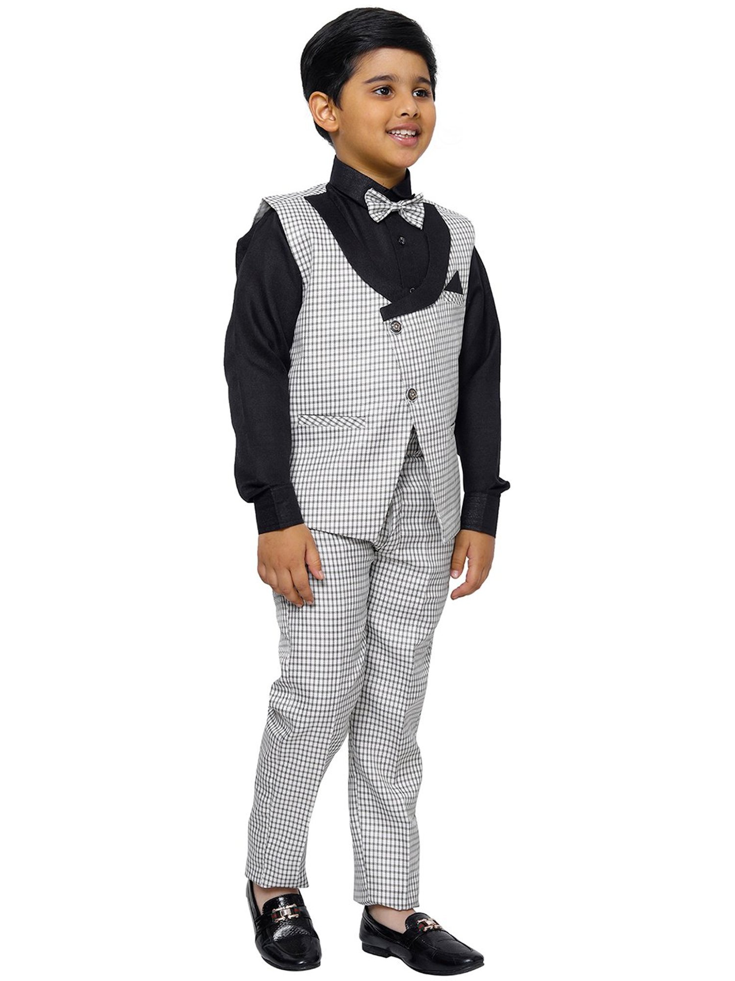 Pro-Ethic Style Developer Kids White & Black Checks Full Sleeves Shirt, Waistcoat, Pants with Bow