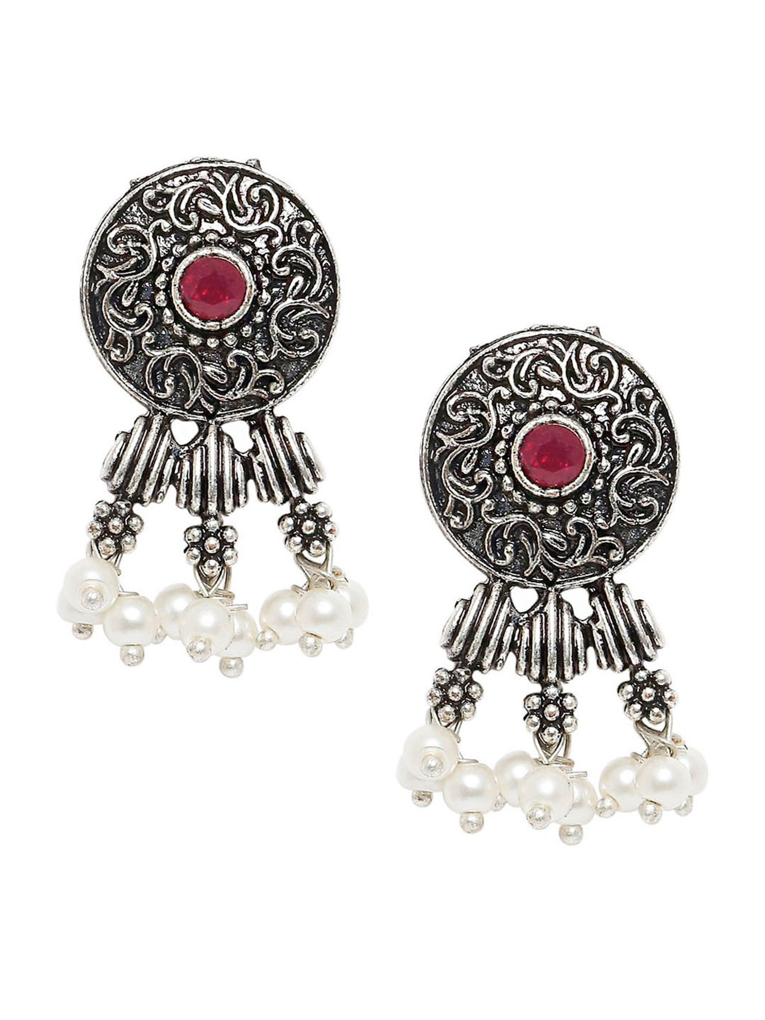 OOMPH Oxidized Silver Look Alike Maroon Stone StoneChoker Necklace Set with Drop Earrings