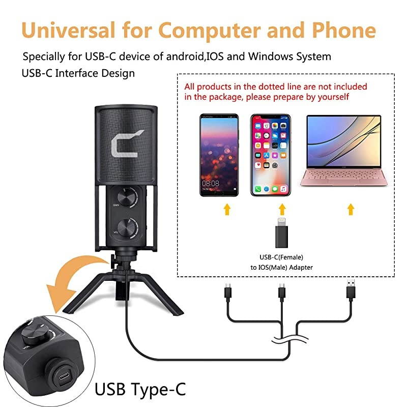 STM-USB Versatile Cardioid Condenser Microphone for Smartphone Computer Laptop, USB/USB C Studio Recording Microphone for Live-Streaming Podcasting Gaming Vocal Online Course