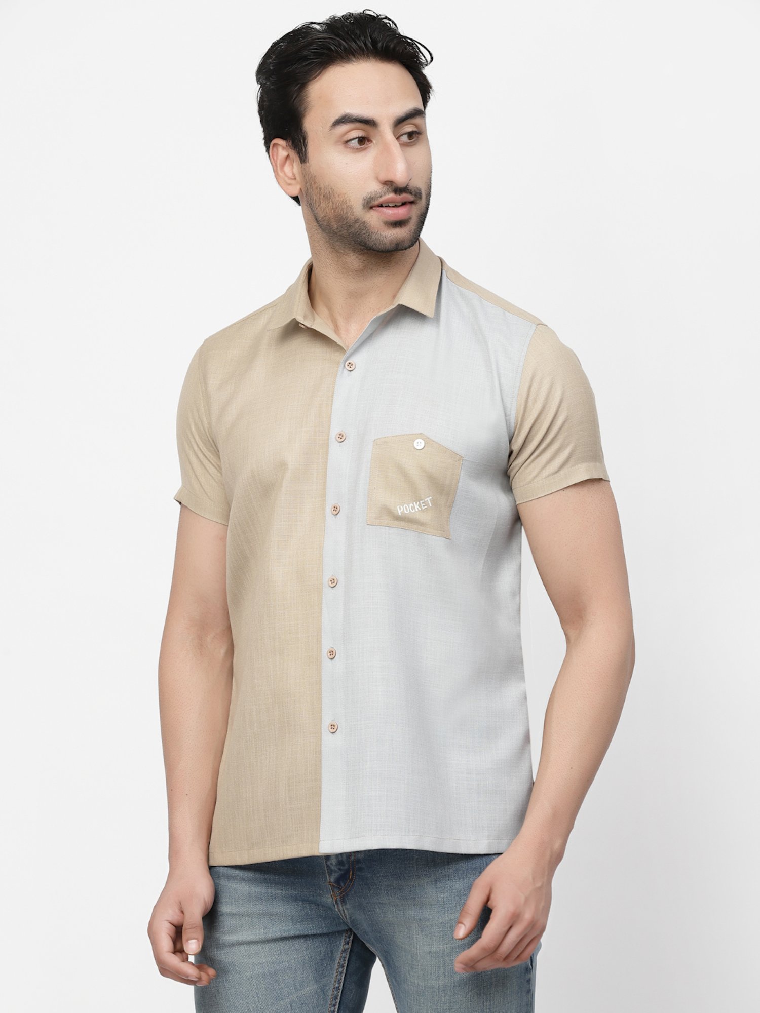 Lela Dark Beige & Blue Regular Fit Shirt