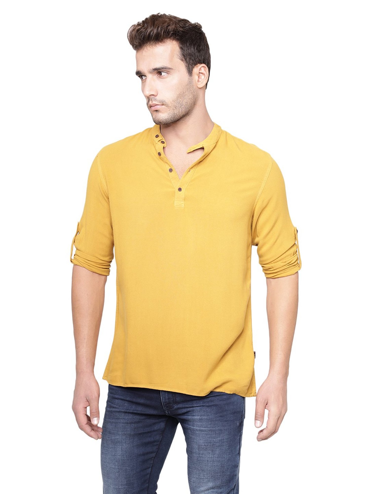 Identiti Mustard Solid Slim Fit Short Kurta
