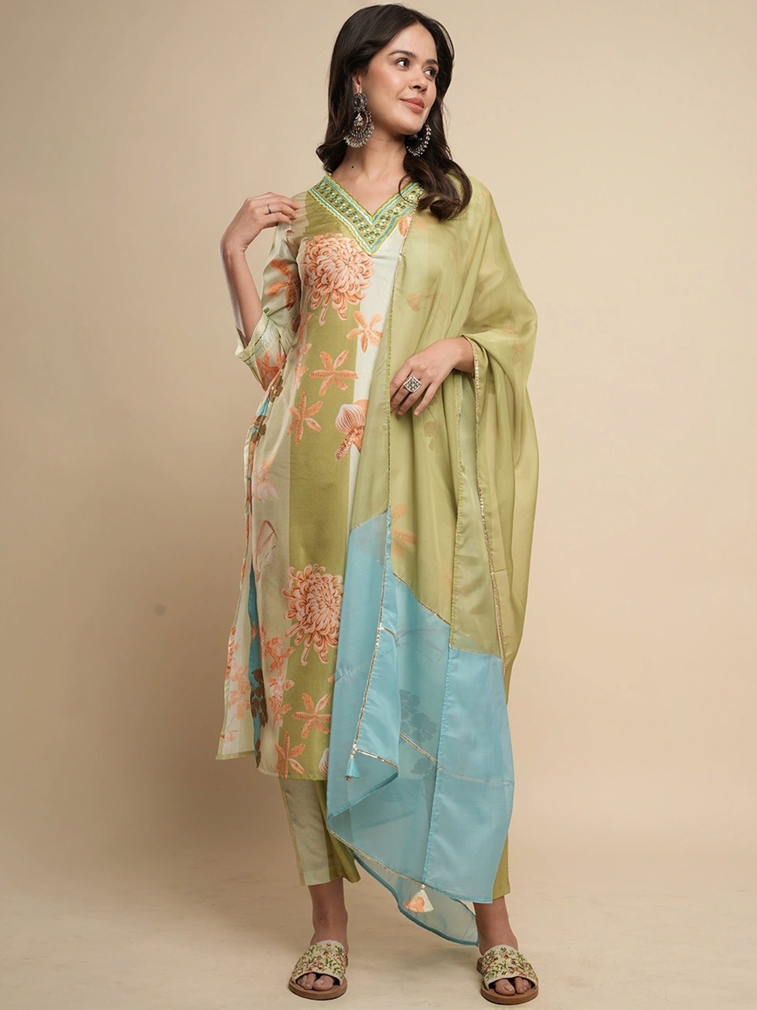 Heeposh Green Printed Kurta Pant Set With Dupatta